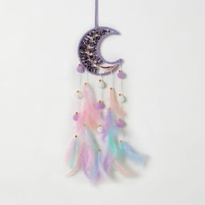 Light Green Moon Kids Dream Catcher Wall Decor Pompom Feather Baby Dreamcatcher with Crystal Stones Children Dream Catcher Home Décor Wall Hanging for Nursery Bedroom Boys Girls Birthday Gift