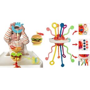 Suction Cup Toys Holder for High Chair, Stroller Toys for Babies 6-12 Months & Toddlers, Montessori Toys, Food Grade Silicone Pull String Activitys, Developmental Pulling Teething Baby Sensory Toy