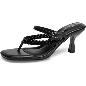 Women's Kitten Heels Open Toe Braided Strappy Heels Sexy Heeled Sandals Square Toe Thong Flip Flop 2 Inch Heel for Women