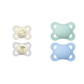 MAM Night Pacifiers with Glow-in-Dark Buttons, 0-6 Months (2 Count) & MAM Original Matte Baby Pacifiers, 0-6 Months (2 Count) with Self-Sterilizing Case