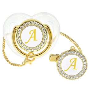 Bling Personalized Baby Pacifier with Pacifier Clips and Anti-dust Cover A-Z 26 Letters(Gold Transparent,A)