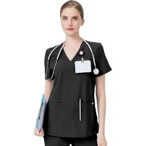 Women's Scrub Top - 3 Pocket V-Neck Top Scrubs Slim Fit with Badge Loop, Soft Four-Way Stretch Anti-Wrinkle Scrubs for Women Black
