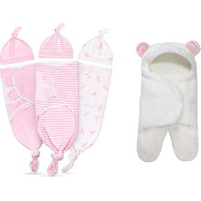 Jam Naturals- Organic Newborn Gift Set, Original Tie Bottom Adjustable Velcro Swaddle and Hat Set 0-3m and Plush Cute Bear Swaddle Wrap- Gender Neutral Baby Blanket, Organic Cotton, 3-6m Pink
