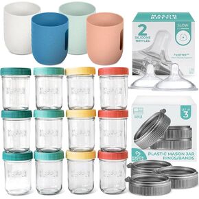 Newborn Essentials Bundle | Complete Baby Glass Bottle & Breastmilk Storage Kit | 8oz Mason Jars + Slow Flow Nipples for 0-3 Months + Plastic Mason Jar Rings + Silicone Sleeves