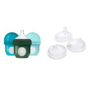 Boon Nursh Reusable Silicone Baby Bottles with Collapsible Pouch - Stage 1 Slow Flow - Blue - 4 Oz - 3 Count and Transitional Sippy Cup Lids for Nursh Bottles - 3 Count