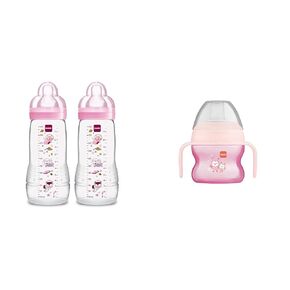 MAM Easy Active 11oz Baby Bottle & 5oz Sippy Cup for 4+ Month Old Girls, Pink