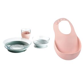 BEABA 3 Piece Glass Meal Set and Silicone Baby Bib, Rose Eucalyptus