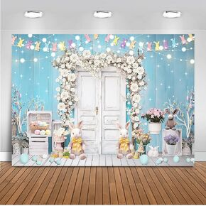 Mocsicka Spring Easter Backdrop 7x5ft Blue and White Rustic Door Spring Photography Backdrops Floral Bunny Rabbit Colorful Eggs Easter Day Photo Background Photo Studio Props