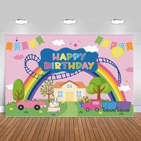 Happy Birthday Pink Pig Backdrop,Pink Pig Theme Birthday Backdrop Cartoon Decorations Photo Photography Background（5x3ft）