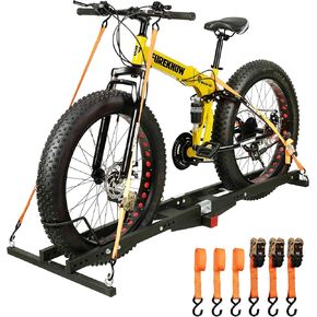 Ebike Rack for Tow Hitch with Ramp Roll-On Roll-Off, Fat Tire Hitch Bike Rack for Heavy E Bike 150 lbs. Capacity, Includes Ratchet Tie Down Straps 3PK and Anti-Rattle Device, 2 inch Receiver