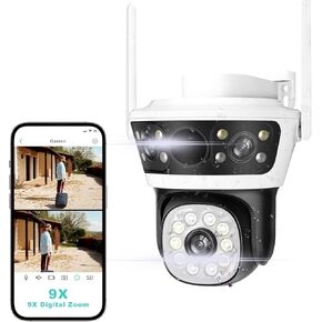 Security Camera System Wireless 2.4G WiFi PTZ Cameras for Outdoor Home Security Dual Lens Linkage 360°View 6MP Plug-in Cable Two-Way Talk,AI Detection,Night Vision,Auto Tracking,24/7 Recording