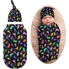Fun Dinosaur Black Newborn Baby Swaddle Blanket With Beanie Hat Baby Receiving Blanket Baby Wraps Blankets Gifts