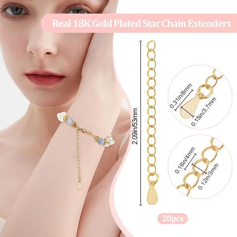 Beebeecraft 20Pcs Necklace Extenders 18K Gold Plated 53mm Extender Chain End Chains with Lobster Claw Clasps and Heart Chain Tabs for Jewelry Making in Saudi Arabia