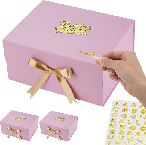 Large Luxury Pink Gift Box Set (3-Pack, 12x9x6") - Instant Golden Name Personalization Kit - Magnetic Lid, Bag & Ribbon - "Best Wishes" Gift Box for Presents – Perfect for Weddings, Birthdays, Anniversaries & Special Occasions in Kuwait