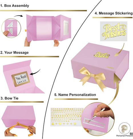 Large Luxury Pink Gift Box Set (3-Pack, 12x9x6") - Instant Golden Name Personalization Kit - Magnetic Lid, Bag & Ribbon - "Best Wishes" Gift Box for Presents – Perfect for Weddings, Birthdays, Anniversaries & Special Occasions in Kuwait