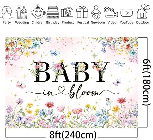 Mocsicka Wildflower Backdrop Baby in Bloom Floral Baby Shower Decorations Girls Butterfly Golden A Proilflower Little على الطريق لافتة لافتة للاستحمام الطفل in Kuwait