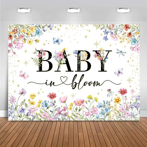 Mocsicka Wildflower Backdrop Baby in Bloom Floral Baby Shower Decorations Girls Butterfly Golden A Proilflower Little على الطريق لافتة لافتة للاستحمام الطفل in Kuwait