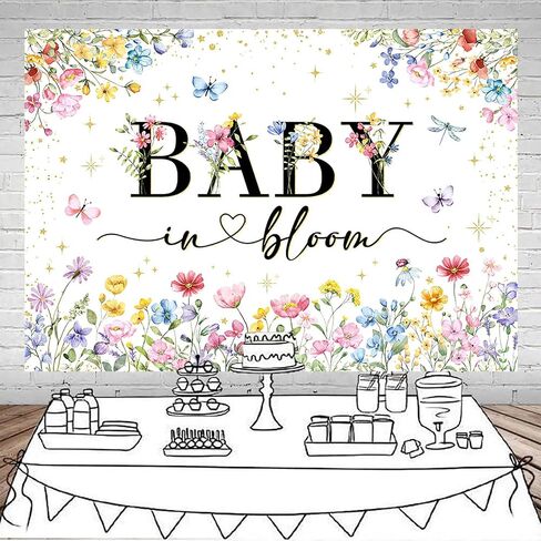 Mocsicka Wildflower Backdrop Baby in Bloom Floral Baby Shower Decorations Girls Butterfly Golden A Proilflower Little على الطريق لافتة لافتة للاستحمام الطفل in Kuwait
