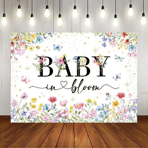 Mocsicka Wildflower Backdrop Baby in Bloom Floral Baby Shower Decorations Girls Butterfly Golden A Proilflower Little على الطريق لافتة لافتة للاستحمام الطفل in Kuwait