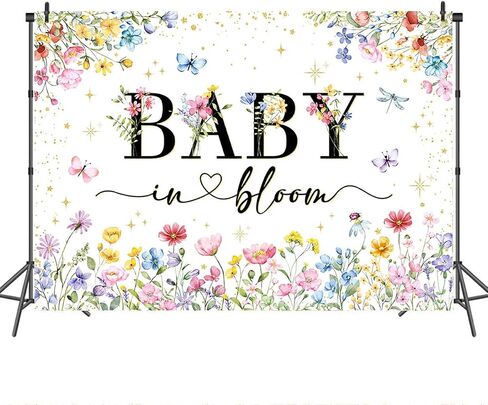 Mocsicka Wildflower Backdrop Baby in Bloom Floral Baby Shower Decorations Girls Butterfly Golden A Proilflower Little على الطريق لافتة لافتة للاستحمام الطفل in Kuwait