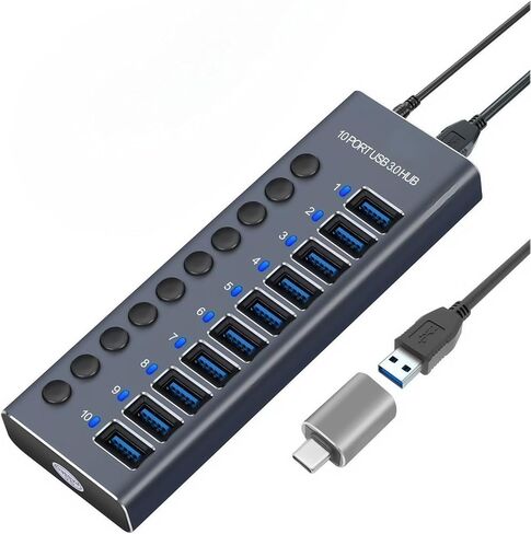 Aluminum 7 Ports USB 3.0 hub with Charging Function, 36W (12V/3A) Power Adapter,Individual Power swiches in Kuwait