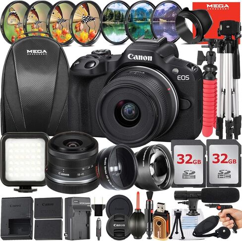 Canon EOS R50 كاميرا بدون مرآة مع عدسة RF-S 18-45mm + 2 حزمة 128GB بطاقة الذاكرة + حقيبة ظهر + ترايبود + Widangle + ميكروفون + حزمة ميجااكوري in Kuwait