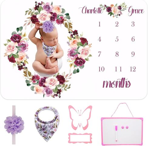 Baby Milestone Blanket: Includes Growth Blanket, Photo Assist Frame, Saliva Towel, Erasable Writing Pad, Headband in Kuwait