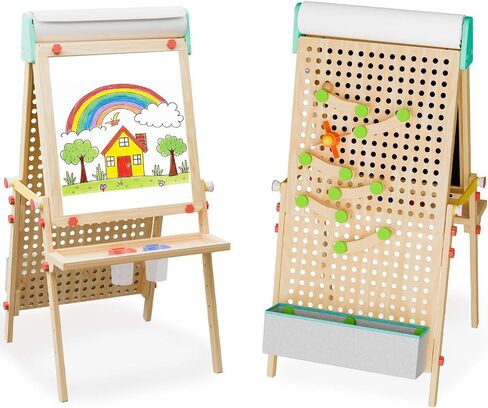 Kids Easel Wooden Marble Run for Kids, 4-in-1 Toddler Art Easel for Kids 3+ Painting Station Stand Drawing, Double-sided 6 Heights Black Chalkboard Magnetic Whiteboard Paper Roll Holder in Saudi Arabia