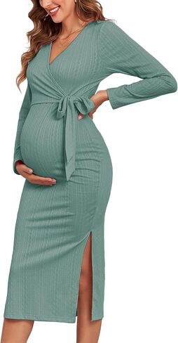 2024 Fall Rib Knit Maternity Nursing Dress Knot Side Long Sleeve V Neck Bodycon Wrap Pregnancy Split Dresses in Saudi Arabia