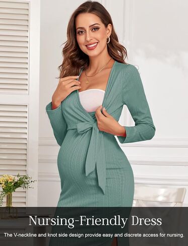 2024 Fall Rib Knit Maternity Nursing Dress Knot Side Long Sleeve V Neck Bodycon Wrap Pregnancy Split Dresses in Saudi Arabia
