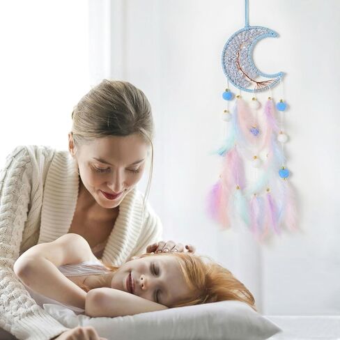 Light Green Moon Kids Dream Catcher Wall Decor Pompom Feather Baby Dreamcatcher with Crystal Stones Children Dream Catcher Home Décor Wall Hanging for Nursery Bedroom Boys Girls Birthday Gift in Kuwait