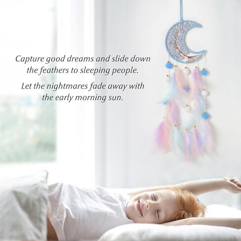 Light Green Moon Kids Dream Catcher Wall Decor Pompom Feather Baby Dreamcatcher with Crystal Stones Children Dream Catcher Home Décor Wall Hanging for Nursery Bedroom Boys Girls Birthday Gift in Kuwait