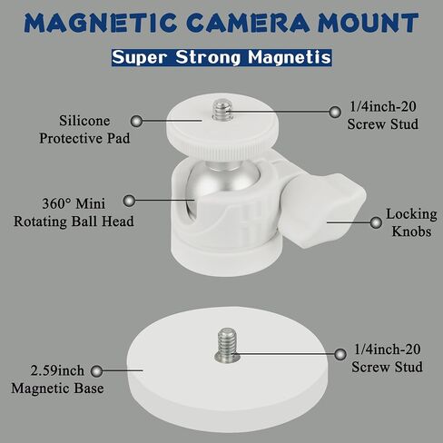 ULIBERMAGNET White Magnetic Camera Mount, Strong Magnetic Mount with 360° Rotation Ball Head, Security Camera Holder with 1/4 inch Thread for GoPro,DJI OSMO Action in Kuwait