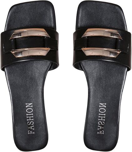 GORGLITTER Women's Summer Black Beach Flat Cute Sandals 2025 Metal Decor Single Band Slide in Saudi Arabia