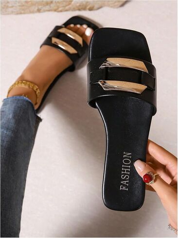 GORGLITTER Women's Summer Black Beach Flat Cute Sandals 2025 Metal Decor Single Band Slide in Saudi Arabia