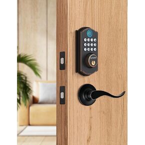 ELAMOR M19 Fingerprint Door Lock with 2 Lever Handles, Keyless Entry Door Lock, Automatic Locking, Easy to Install, Electronic Keypad Deadbolt with Code, Front Deadbolt Handle Sets, Oil Rubbed Bronze