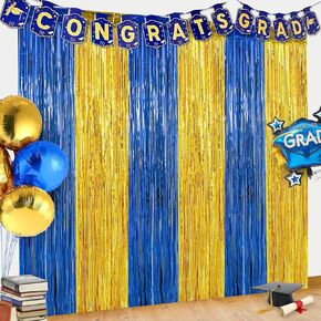 4 Pack Blue and Gold 2025 Graduation Party Decorations, 3.3x6.6 ft Foil Fringe Curtains with Congrats Grad Banner, Graduation Backdrop, Streamer Backdrop for High School College University Party