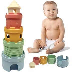 Castle Stacking Tower & Nesting Cups Baby Toys - 5-Piece Silicone Teething & Bathing Set - Fun, Educational & Early Learning Gift for Babies 6+ Months - BPA Free, Soft & Dishwasher Safe