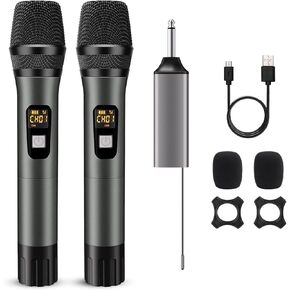 Wireless Microphone, Handheld UHF Dual Metal Cordless Dynamic Mic System with Rechargeable Receiver,200ft Range,for Karaoke, Speech, Party, Wedding, Church,Singing Machine-Auto Connect