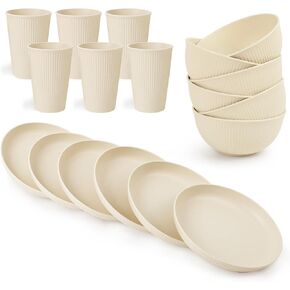 18PCS Wheat Straw Dinnerware Sets Unbreakable Dinnerware Sets Reusable Cups Plates and Bowls Sets Microwave Dinnerware Sets for Kitchen Travel Camping