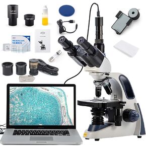 SWIFT SW380T-EP1-5PBC-BS50-SPAE2628 40X-2500X Siedentopf Research-Grade Compound Lab Trinocular Microscope with 1.3mp Camera and Smartphone Adapter and 5 PCS Prepared Slides and 55 PCS Blank Slides