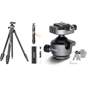 NEEWER LITETRIP LT07 61" Aluminum Travel Tripod with Low Profile Ball Head Dual Center Axis, Arca QR Plate Compatible with Peak Design Tripod Plate V3, GM41 Tripod Ball Head Included