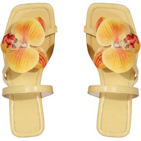 GORGLITTER Women's 3D Floral Appliques Flip Flops Flat Sandals Square Open Toe Thong Sandals