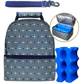 Insulated Breast Milk Cooler Bag – Fits 6 Bottles – Includes 2 Ice Packs – Dual Zipper Compartments – Detachable Strap – 9.4"x6.7"x10.6" – Blue Geometric Design – Portable & Durable