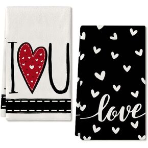 ARKENY Valentines Day Kitchen Towels Red Heart Dish Towels 18x26 Inch Ultra Absorbent Wedding Drying Cloth I Love U Sign Hand Towel for Valentine Decorations Set of 2