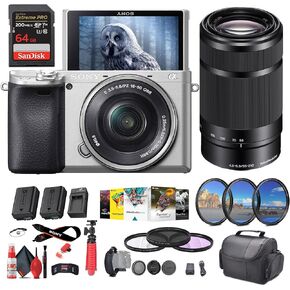 Sony a6400 Mirrorless Camera with 16-50mm Lens (Silver) with Real-Time Eye Auto Focus (ILCE-6400L/S) + Sony E 55-210mm f/4.5-6.3 OSS Lens + 64GB Memory Card + NP-FW50 Battery + More(Renewed)