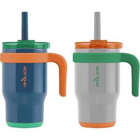 REDUCE 14 oz Coldee Tumbler with Handle for Kids - 2 Pack, Leakproof Insulated Stainless Steel Mug with Lid & Spill-Proof Straw, Keeps Drinks Cold up to 18 Hrs, Purple and Teal