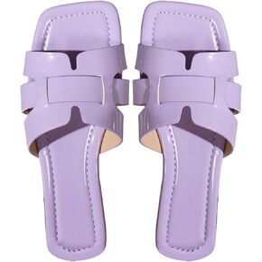 MakeMeChic Women's PU Leather Flat Sandals Square Open Toe Slip on Sandals Summer Shoes