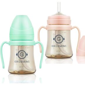 GROSMIMI PPSU Spill Proof Magic Sippy Cup 6 oz Bundle (Peach,Aquagreen) 2 Pack