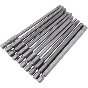 10pcs Screwdriver Bit Set Magnetic BST 1/4 Inch Hex Shank Long Hex Bit Set 100mm Power Tools (Slotted+Cross+Hex head)